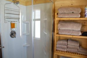 加德纳Yellowstone's Treasure Cabins的带淋浴的浴室和架子上的一些毛巾