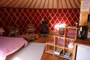 Bonneval月特恩特拉斯酒店的蒙古包内带一张床和一个壁炉的房间