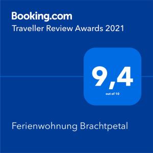 Ferienwohnung Brachtpetal的证书、奖牌、标识或其他文件