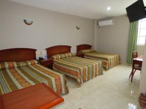 比亚埃尔莫萨Hotel San Juan Centro的酒店客房设有三张床和一张桌子