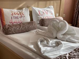 大特尔诺沃Hotel Anhea的一张带枕头的两心床