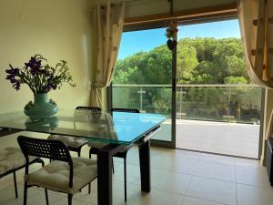 奥霍斯德古阿Delightful vacations apartment in Algarve的一间设有玻璃桌和大窗户的用餐室