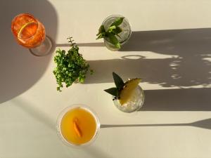 埃拉福尼西岛Elafonisi Rooms For Rent的一张桌子,上面放着两杯果汁和饮料