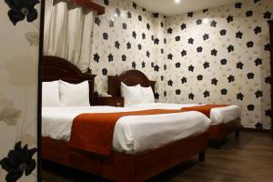 蒙特雷El Regio的两张位于酒店客房的床铺,配有花卉壁纸