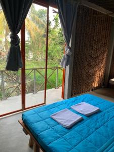槟知Nông Trại Thảnh Thơi的窗户客房内的一张蓝色的床