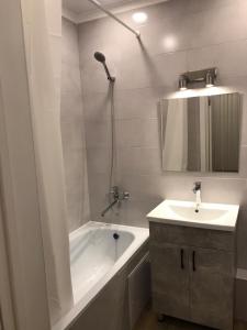 阿拉木图Стильная однокомнатная квартира в г.Алматы的白色的浴室设有浴缸和水槽。