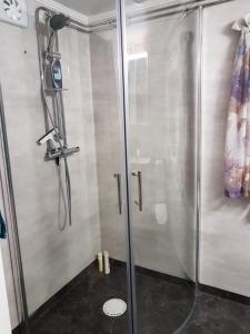 基尔Nostalgirum的浴室里设有玻璃门淋浴