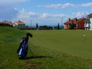 萨武德里亚Villa del Golfo的高尔夫球场上的蓝色高尔夫俱乐部