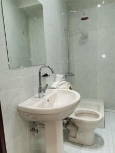 Banī ‘AţīyahCity Center Hotel Beni Suef的白色的浴室设有水槽和卫生间。