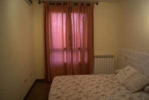 La Puebla de CastroApartamento VUT manypi VU-HUESCA-21-024的一间卧室配有一张床和粉红色窗帘