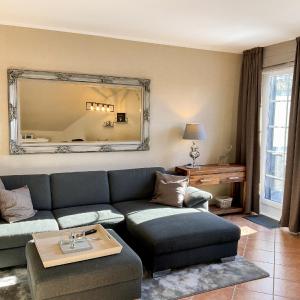 哈嫩克利博克斯维斯Luxus Ferienwohnung schöne Aussicht的带沙发和大镜子的客厅