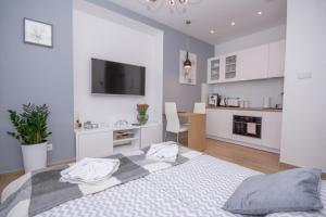 琴斯托霍瓦Apartamenty AP 10的一间白色卧室,配有一张大床和一个厨房