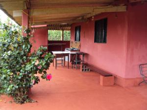 圣罗克迪米纳斯Sitio Sao Benedito的一间设有粉红色墙壁、桌子和植物的房间