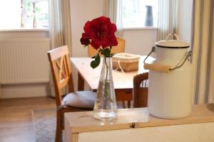 佩尔沃姆Alte Stellmacherei的一张桌子上红玫瑰花的花瓶