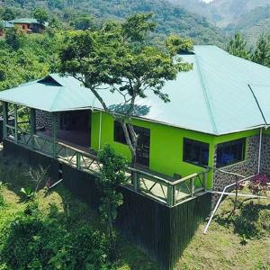 KisoroGorilla Hills Eco-lodge的山丘上带绿色屋顶的绿色房子