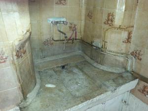 TursacHimalaya en Perigord的旧的肮脏的浴室,里面装有淋浴
