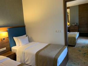 蒂萨凯奇凯Barack Thermal Hotel and Spa的酒店客房,设有两张床和镜子