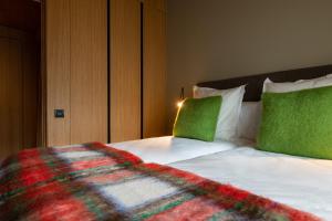 埃尔塔特Vip Residences Andorra的一张带绿色枕头的床和一张毯子