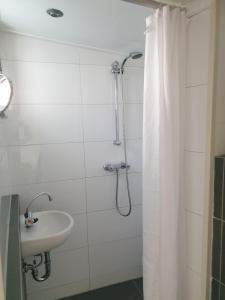 诺德韦克Little Lodge Noordwijk aan Zee的浴室配有淋浴帘和盥洗盆。