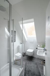 劳恩堡Gästehaus Von Herzen的浴室配有天窗、卫生间和水槽。