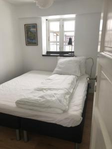 欧登塞Bækgaardens bed and breakfast的一张铺有白色床单的床和一个窗户
