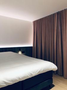 布鲁日Suites Le Porte-Bonheur的一间卧室配有床和窗帘