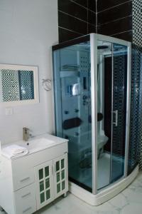 莱基Ocean Park Hotel,Lekki phase 1的一间带玻璃淋浴和水槽的浴室