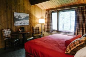 麦金利公园德纳利公园村旅馆的一间卧室配有一张床、一张桌子和一个窗户。