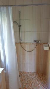 GustowIdylle im Grünen的浴室内配有淋浴帘。