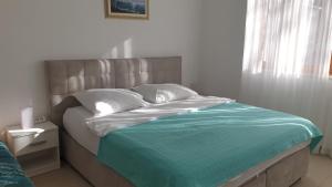 里耶卡Apartman Villa Pećine的一间卧室配有一张带蓝色和白色床单的床和窗户。
