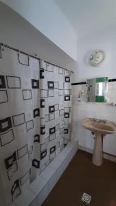 维拉卡洛斯帕兹Blau Hostel的一间带水槽和淋浴帘的浴室
