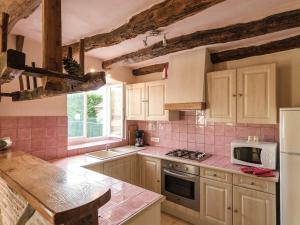 CressensacSuperb holiday home with pool的厨房配有粉红色的瓷砖柜台和炉灶烤箱。