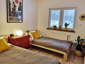 库多瓦-兹德鲁伊Apartament Wrzosowa 25的客房设有两张床、一张桌子和一扇窗户。