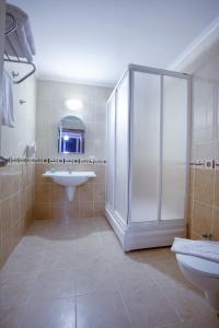 阿拉尼亚Kaila City Hotel的带淋浴、盥洗盆和卫生间的浴室