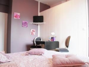 沙特尔马诺伊城市休闲酒店的一间卧室配有一张粉红色的墙壁和一张书桌。