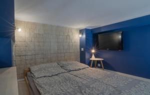 米兹多洛杰Holiday Home SLAVIA NEW 012的一间卧室设有一张床和蓝色的墙壁