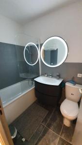马赛Appartement T1 Marseille Prado Chanot Plage的一间带卫生间、水槽和镜子的浴室