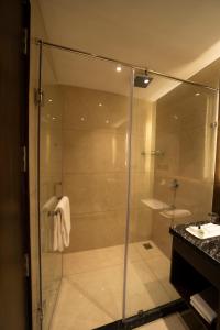 斋浦尔Hotel DVIJ INN的一个带水槽的玻璃淋浴间