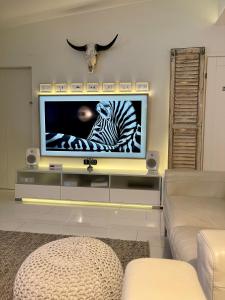 奥卢Design Guesthouse Laanila的客厅配有带斑马的电视