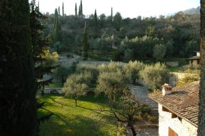 托斯科拉诺-马德尔诺Albergo CAVALLINO 10的享有树木花园和房屋的景色