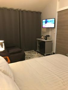 拉隆德莱丝莫里斯LA PASSIFLORE的配有一张床和一台平面电视的酒店客房