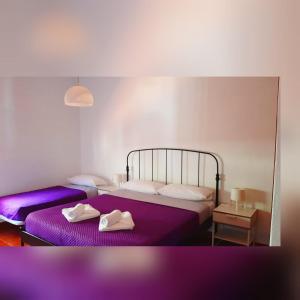弗龙特拉Vista Guapa的客房内的两张床,配有紫色床单和鞋子