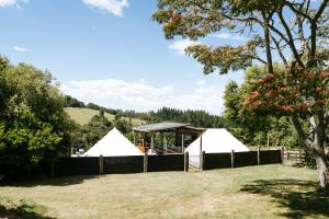 罗托鲁瓦Oakridge Glamping的两顶带围栏的白色帐篷
