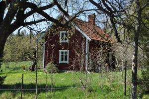 Knivsta布拉卡尔斯托普度假屋的田野里一座红色的房子,有栅栏