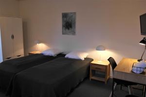 沃柏斯斯科亚德贝格伽尼酒店的一间卧室配有一张带两个枕头的床和一张书桌