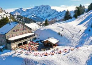 威拉尔-苏-罗伦Maison de Montagne Bretaye的雪中滑雪小屋的空中景致