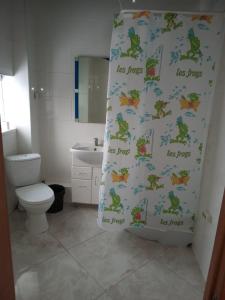 鲍里斯皮尔四季酒店的浴室设有淋浴帘,上面有青蛙