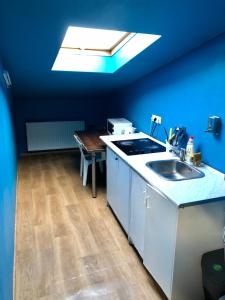 华沙卡兹梅尔佐斯卡学生之家旅馆的厨房设有水槽和蓝色的墙壁