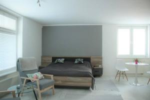 布拉迪斯拉发Apartmán - Dlhé Diely的一间卧室配有一张床、一把椅子和一张桌子