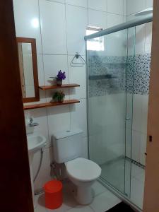 伊比科阿拉Espaço Terra Dourada, Ibicoara, Chap Diamantina的一间带卫生间和玻璃淋浴间的浴室
